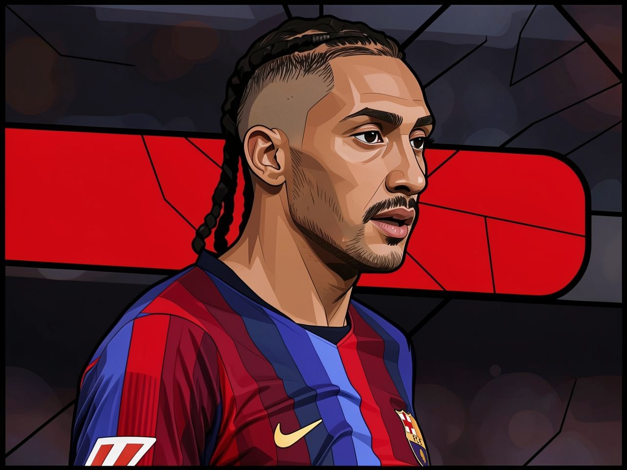 Raphinha in Barcelona's red and blue kit against stadium stands
