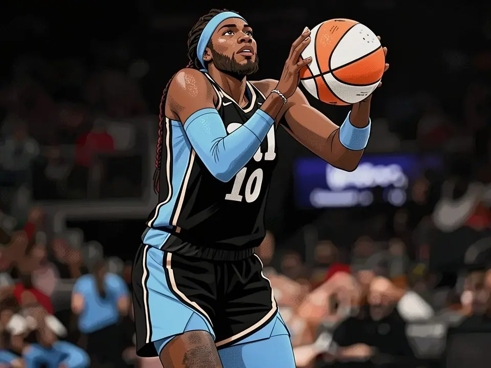 Rhyne Howard in der schwarz-blauen Atlanta-Jersey mit Nummer 10 wirft den Ball im Spiel gegen Connecticut