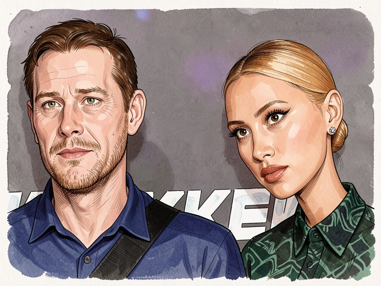 Pavel Bure and Alina Bure against a lettered background. Husband in blue shirt, wife in green patterned blouse.
