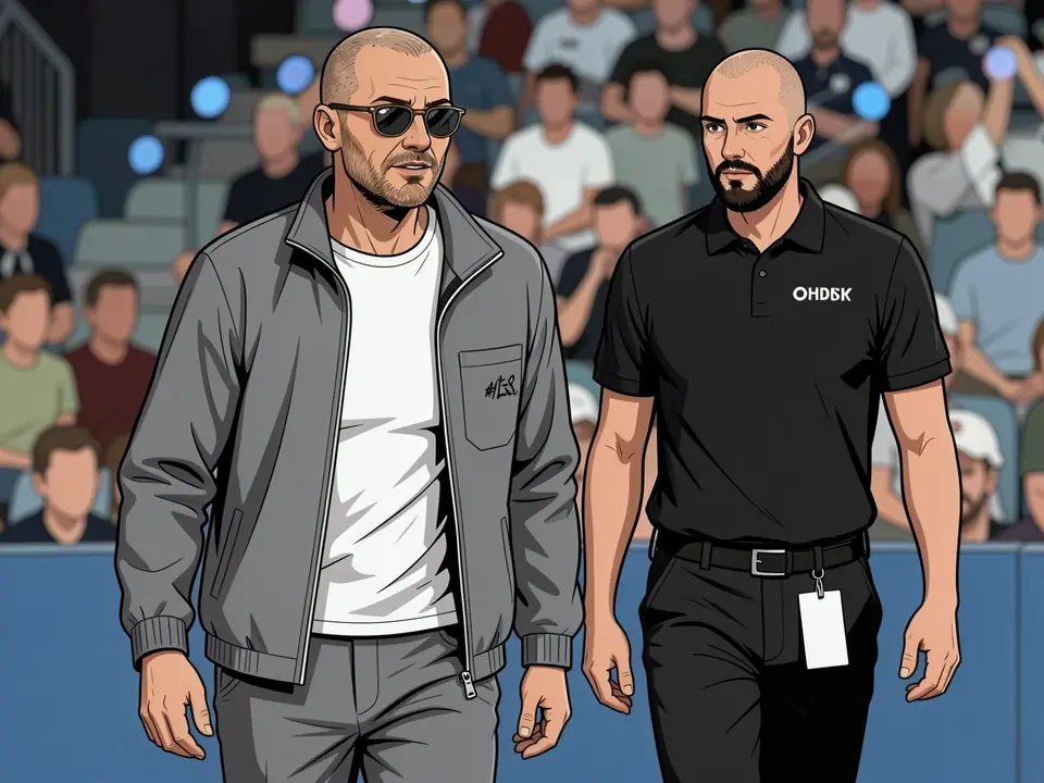 Tony Parker in a grey jacket and sunglasses walks beside a coach in a black «OND5K» shirt with stadium stands behind them