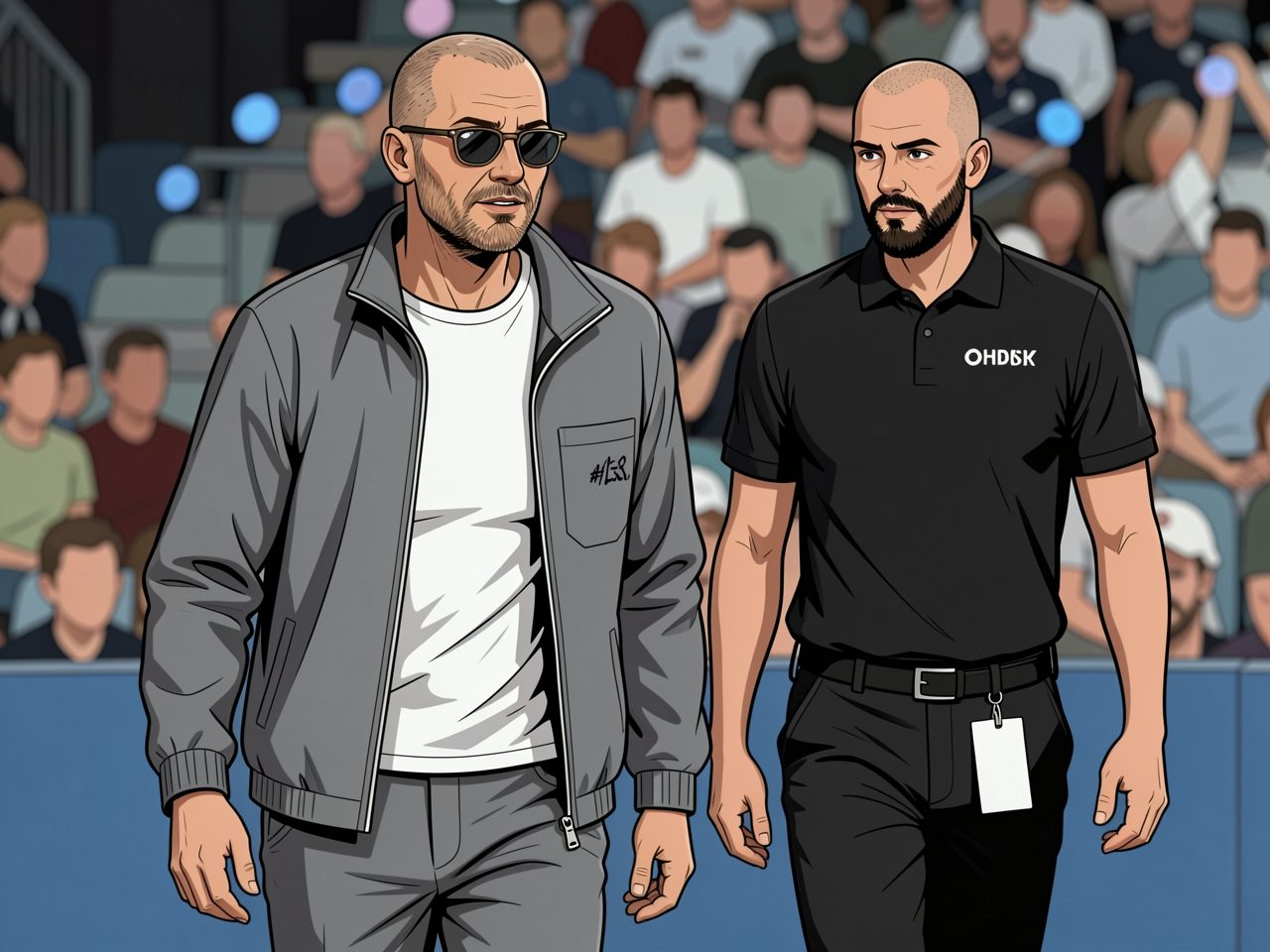 Tony Parker in a grey jacket and sunglasses walks through an arena with a security guard.
