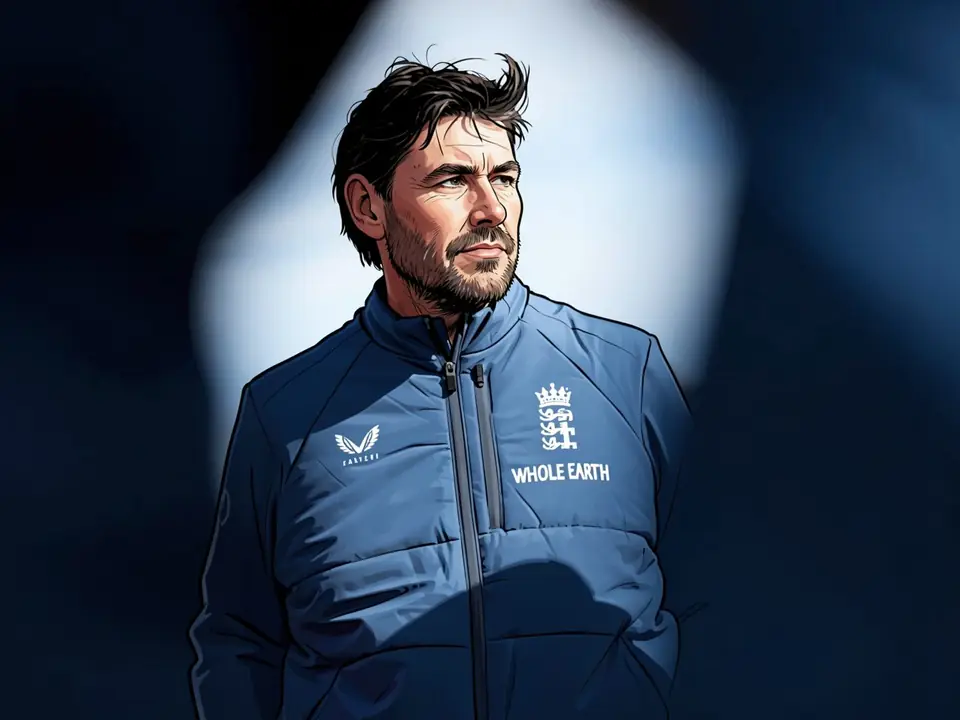 Steven Fleming in England cricket team blue jacket with logo and WHOLE EARTH text