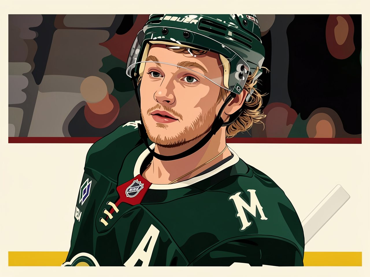 Ein Eishockeyspieler in grünem Trikot und Helm steht auf dem Eis und hält einen Schläger.