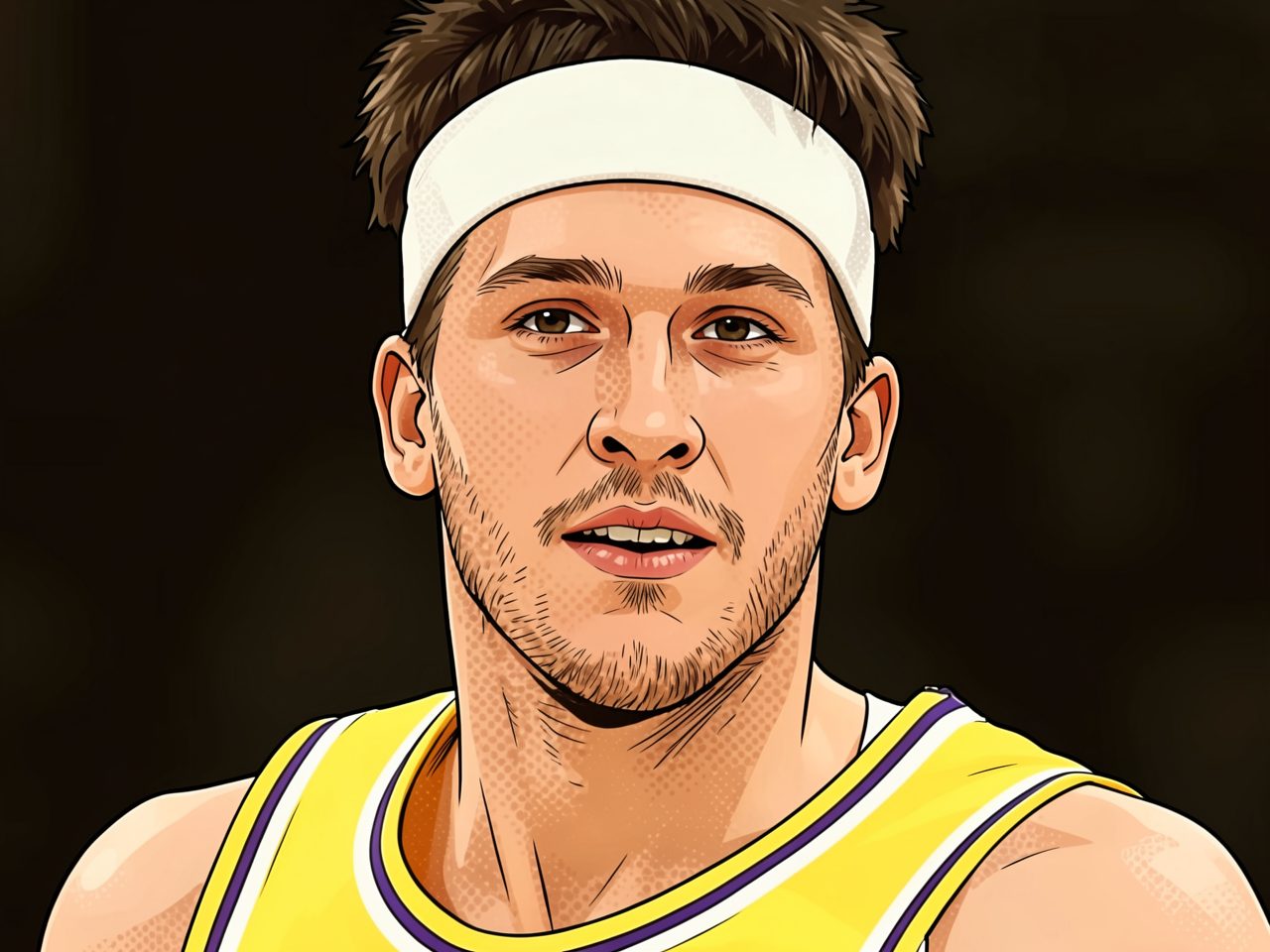 A basketball player in a yellow jersey and white headband in a close-up portrait.