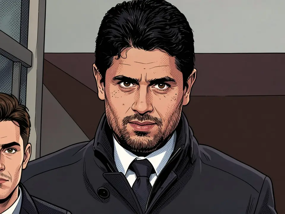 PSG president Nasser Al-Khelaifi in a dark coat and tie, another man in a business suit beside him