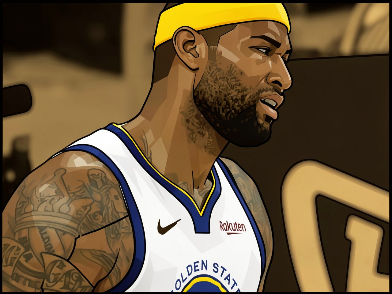 A basketball player in a white jersey and yellow headband in profile.
