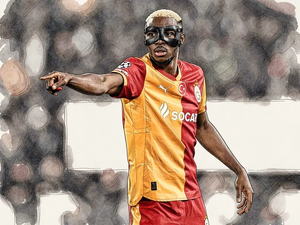Galatasaray-Stürmer Osimhen in rot-gelber Trikots mit Augenbinde zeigt mit dem Finger