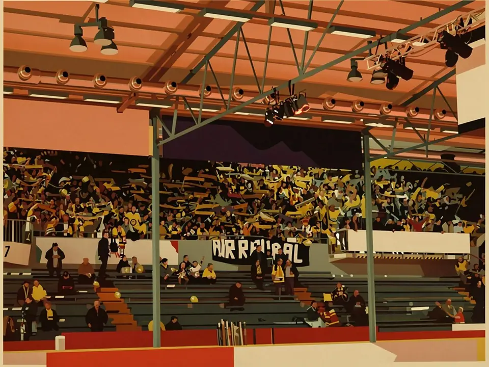 Fans in gelb-schwarzen Farben auf den Tribünen mit einem «AIR RAIL»-Banner