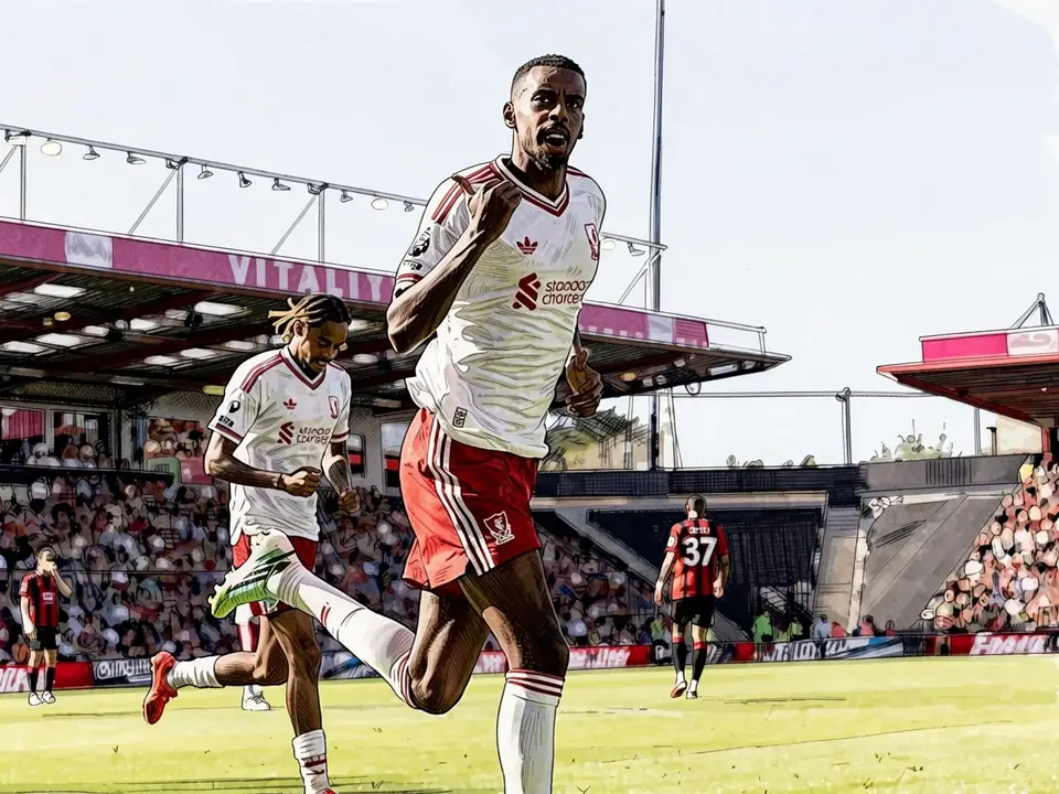Alexander Isak celebrates his goal in Liverpool kit, Cody Gakpo runs alongside at the Vitality Stadium