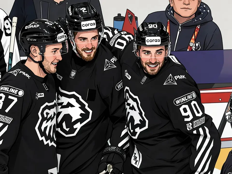 Three Traktor players in black kits with a tiger logo celebrate their 2-1 win over Avangard