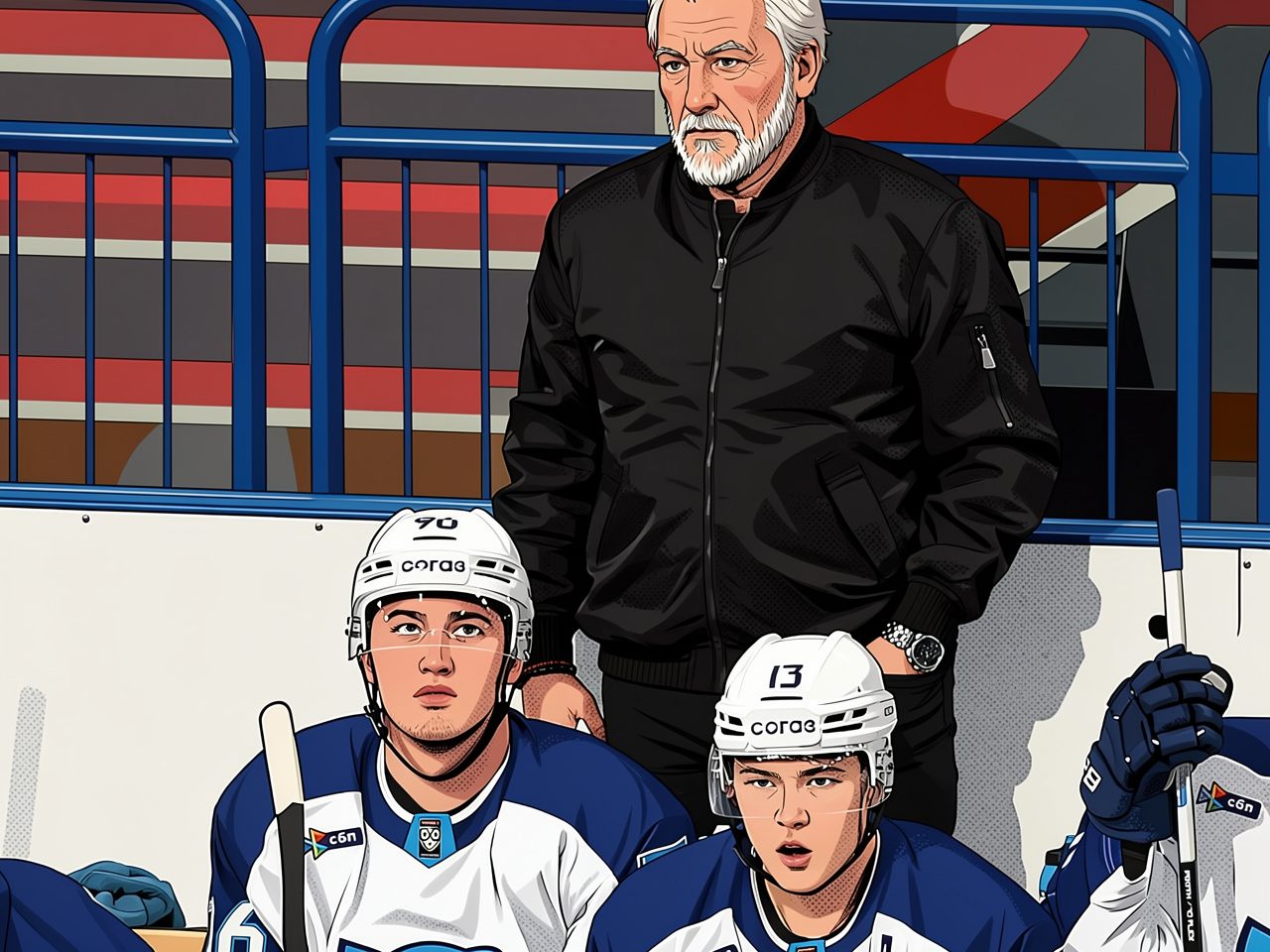 Ein Trainer steht hinter vier Hockeyspielern auf der Bank während eines Spiels