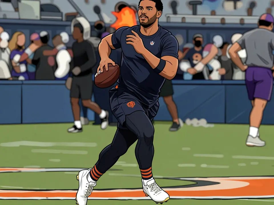 Quarterback Joe Burrow in Cincinnati's dark blue kit runs with the ball on the stadium field