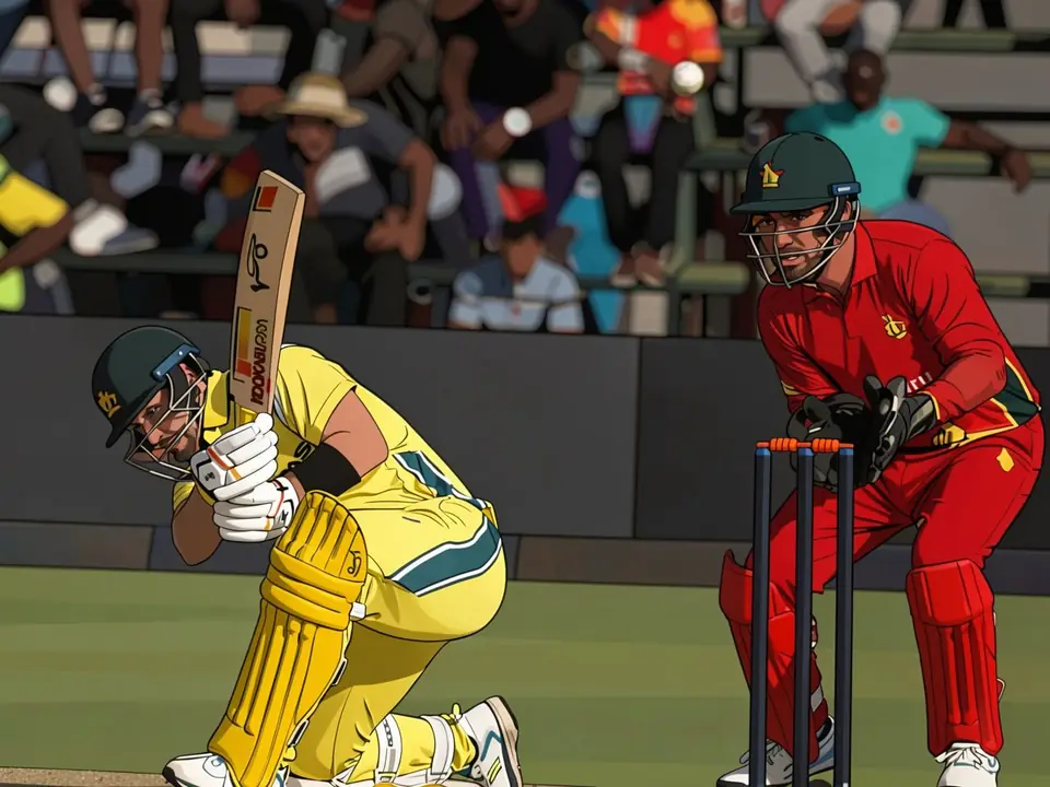 Josh Inglis in yellow Australian kit plays a shot while the Zimbabwe wicketkeeper in red stands behind the stumps in Harare