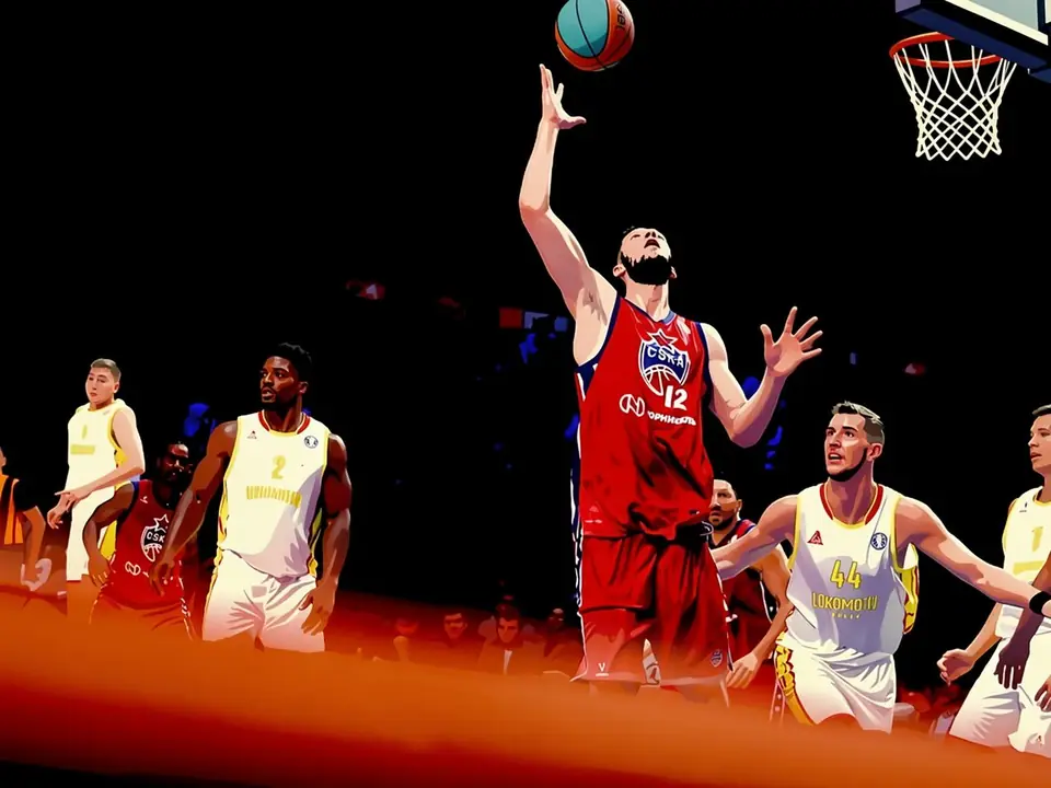 CSKA-Zentrumsspieler Kirill Elatontsev in rotem Trikot Nummer 12 wirft den Ball im Spiel gegen UNIKS