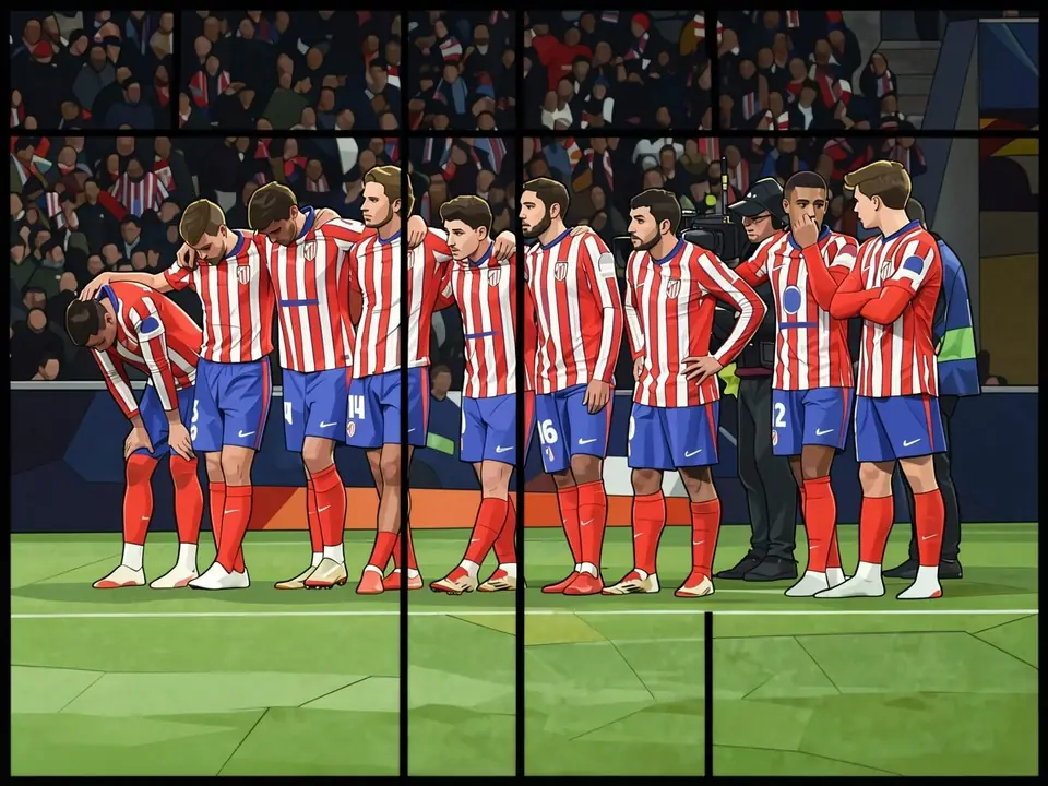 Atlético Madrid players in red and white striped shirts and blue shorts stand on the Metropolitano pitch looking disappointed after the match