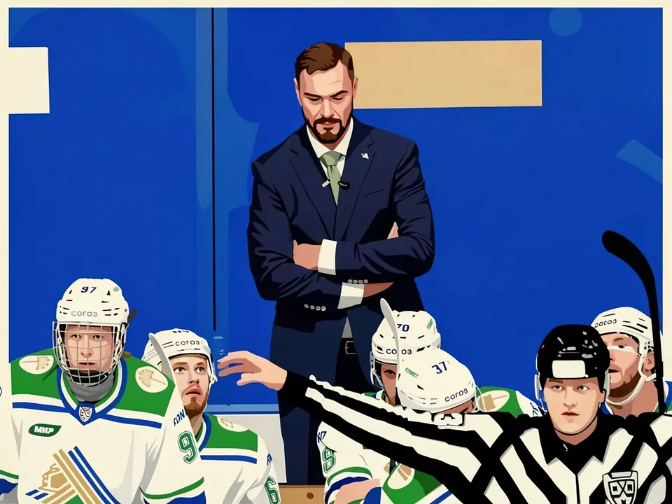 Coach Viktor Kozlov stands with arms crossed while Salavat Yulaev players in white kits listen attentively