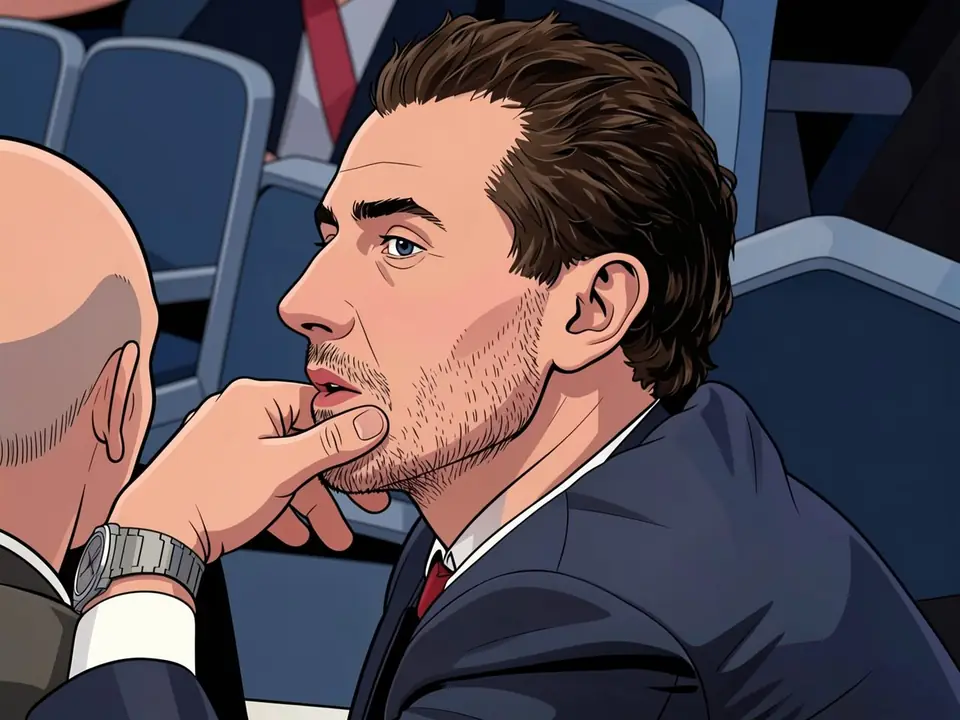 Roman Rotenberg and Garik Kharlamov talking in the stadium stands