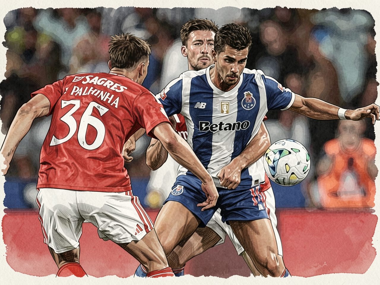 FC Porto-Spieler in Blau-Weiß kämpft mit Benfica-Palhinha um den Ball im Dragão-Stadion
