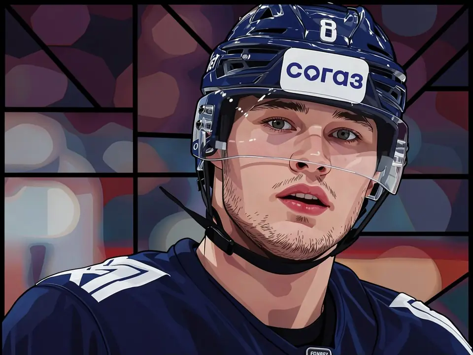 Roman Kantserov in Blackhawks-Uniform, Nummer 8, mit Sogaz-Logo auf dem Helm