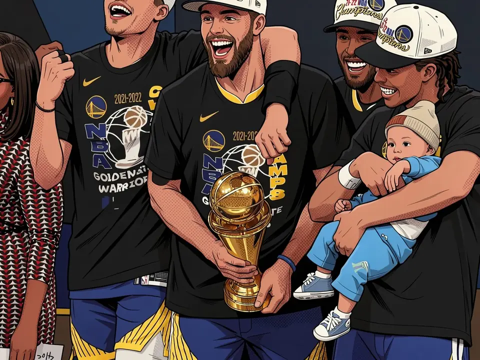 Golden State Warriors players celebrate their 2022 championship with the Larry O'Brien trophy