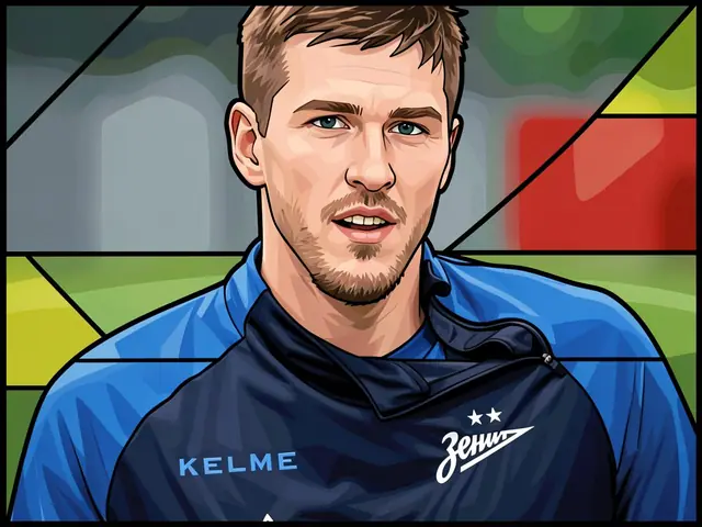 Александр Соболев в синей тренировочной форме «Зенита» с логотипом KELME и эмблемой клуба на груди