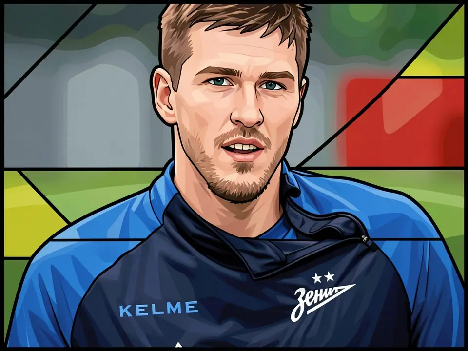 Alexander Sobolev in Zenits blauem Trainingsanzug mit KELME-Logo und Vereinswappen auf der Brust