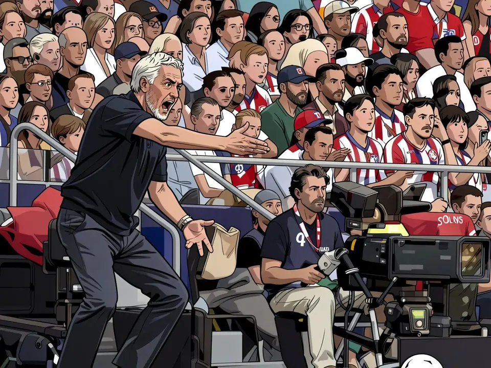 José Mourinho in schwarzem Shirt schreit auf den Tribünen des Metropolitano-Stadions nach dem Atlético-Spiel