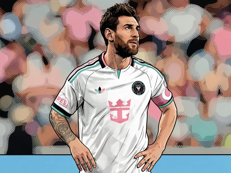 Messi in white Inter Miami kit with pink logo, hands on hips, looking away, crowd in background
