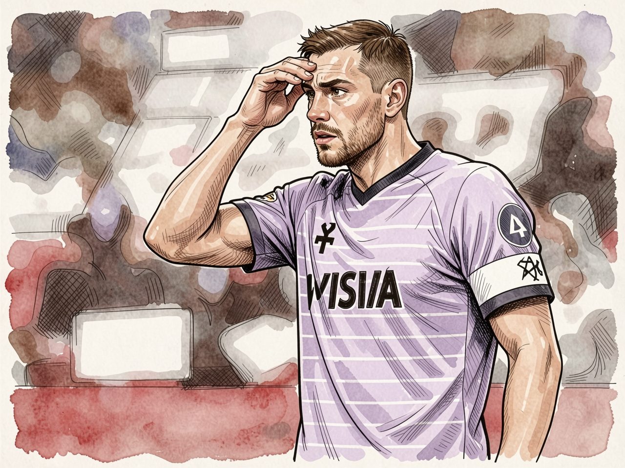 A football player in a purple kit with a captain's armband stands on the pitch with his hand to his forehead.
