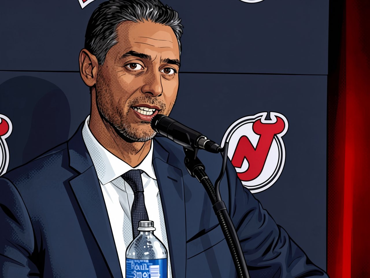 Sunny Mehta, General Manager der New Jersey Devils, spricht an einem Mikrofon. Das Team-Logo ist im Hintergrund zu sehen.