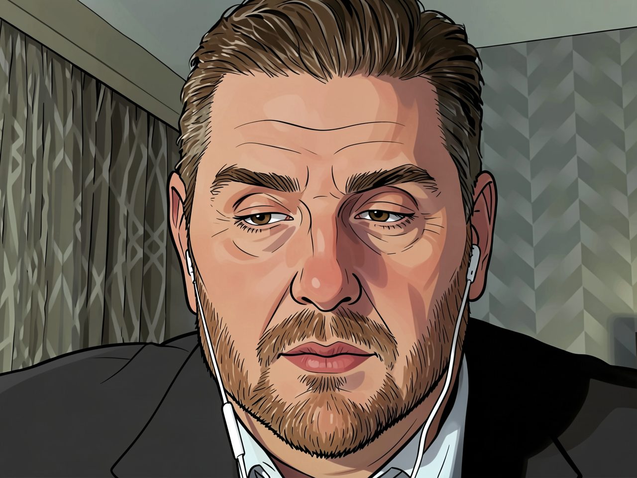 Portrait of a man in a suit with earphones speaking to camera