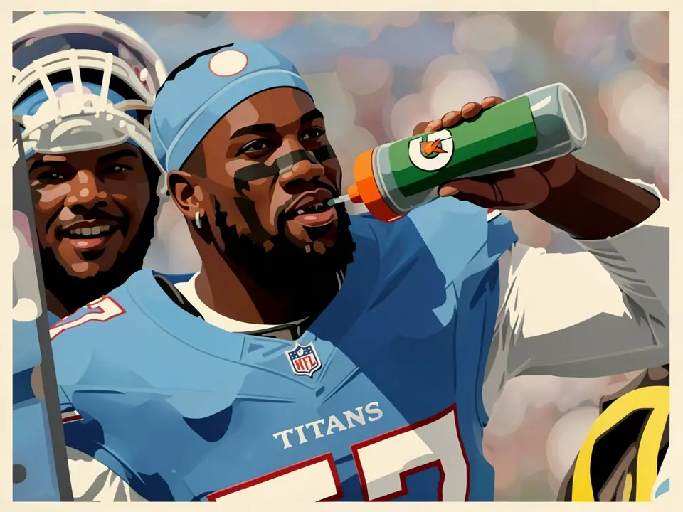 Игрок «Теннесси Тайтанс» в голубой форме пьёт Gatorade на фоне стадиона