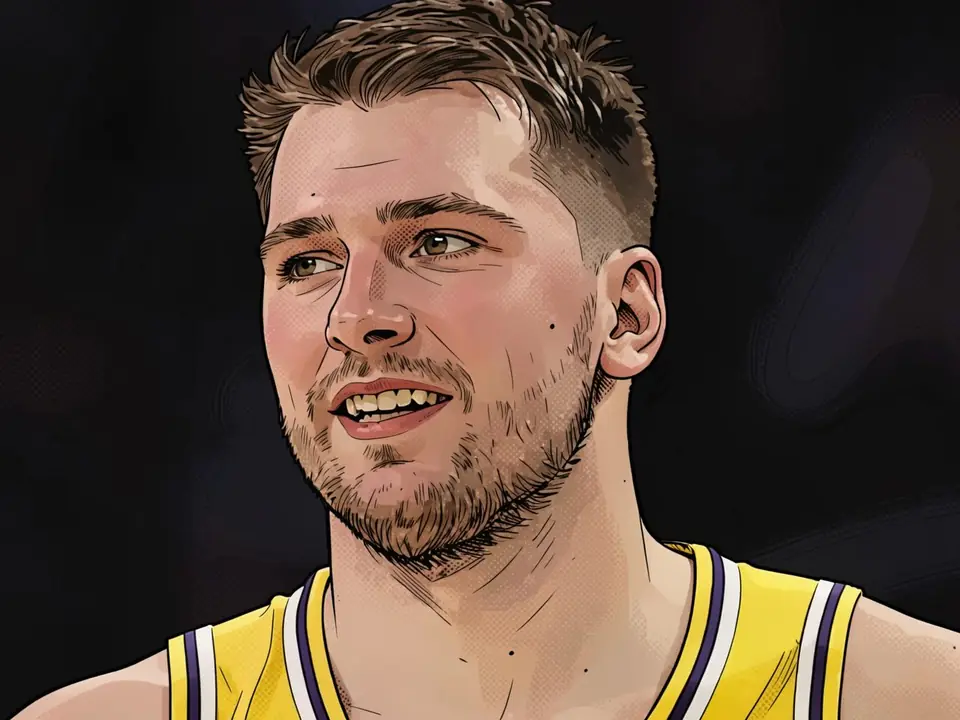 Luka Doncic im gelben Lakers-Trikot mit lila Besatz, lächelnd vor dunklem Hintergrund