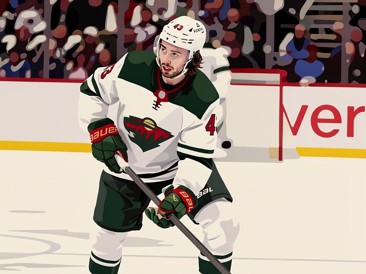 Quinn Hughes in Minnesota Wild kit with puck on ice