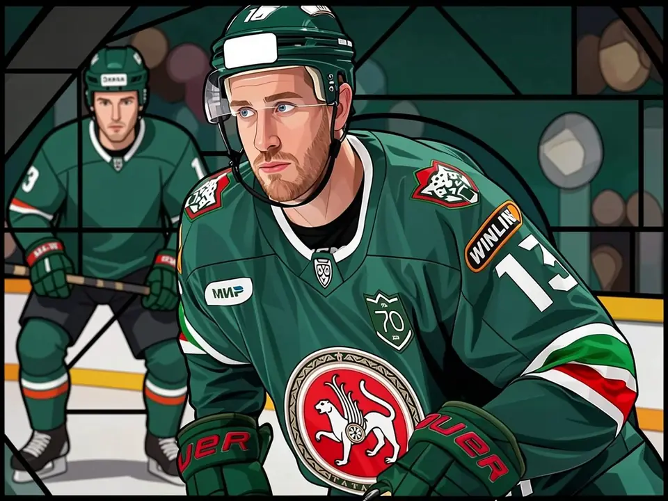 Kevin Hayes in green Ak Bars jersey, number 13, on the ice