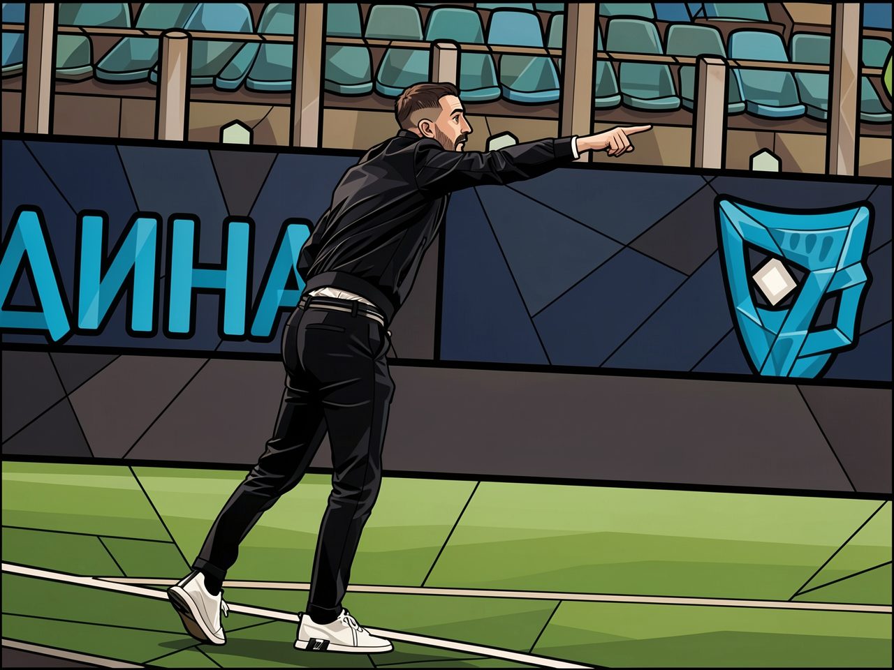 Juan Diaz in a black suit points toward the pitch at Rodina stadium with the club logo behind him.
