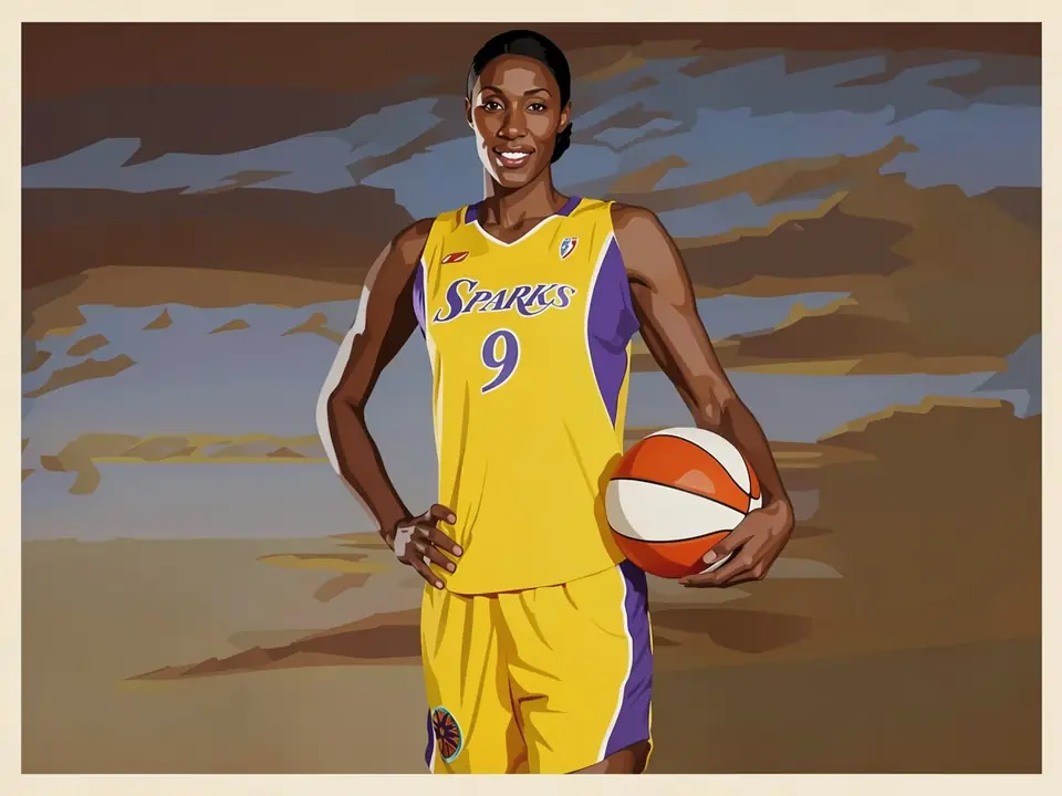 Lisa Leslie in gelb-lila Sparks-Trikot mit Nummer 9 hält einen Basketball vor Wüstenhintergrund