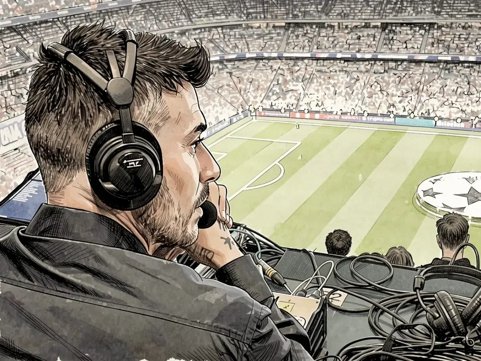 Claude Makélélé and Álvaro Benito commentating Real Madrid match in studio with headphones and microphones
