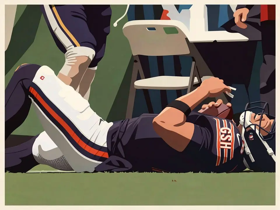 Кейлеб Уильямс лежит на траве в форме «Беарс», держа мяч, рядом стул и ноги