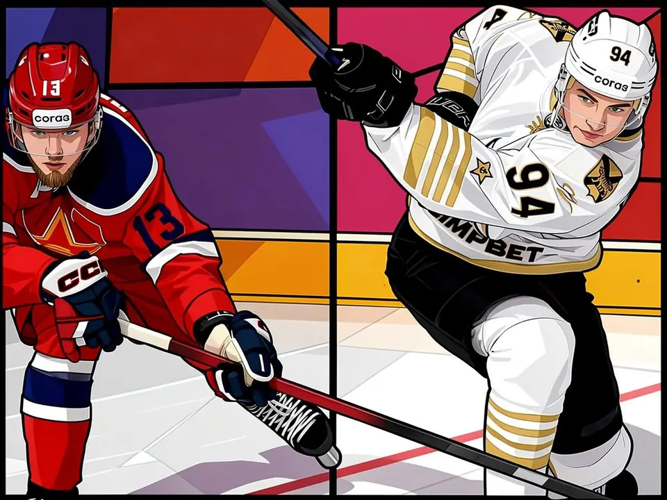 Two hockey players from CSKA and Admiral in action on ice. Player in red jersey #13 and player in white jersey #94 with sticks