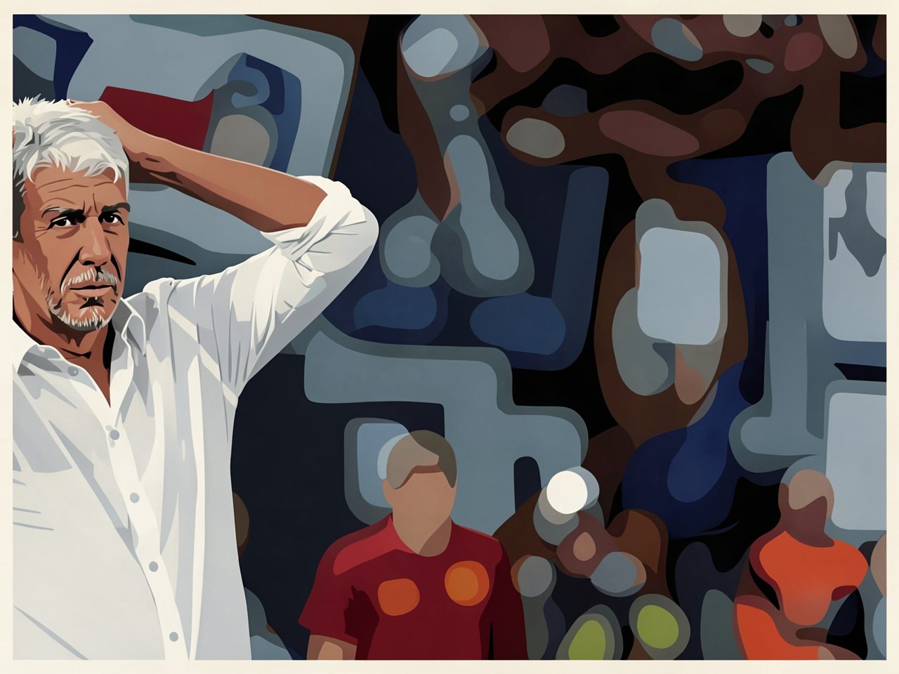Mane Cone in a white shirt holds his head on the stands background, with a Roma player in red nearby