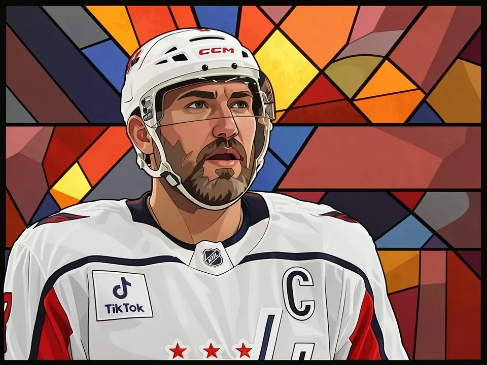Alexander Ovechkin in Washington Capitals Trikot — Kapitän mit Buchstabe 'C' auf der Brust, weißes Trikot mit roten und blauen Streifen, vor buntem Mosaikhintergrund