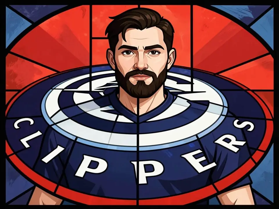 Anwalt John Gibson im Buntglasstil mit Clippers-Logo im Hintergrund