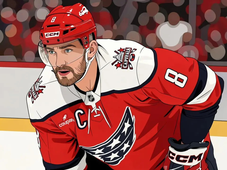 Alexander Ovechkin in rotem Washington Capitals-Trikot mit Kapitän-C auf der Brust, Nummer 8 am Helm, auf dem Eis.