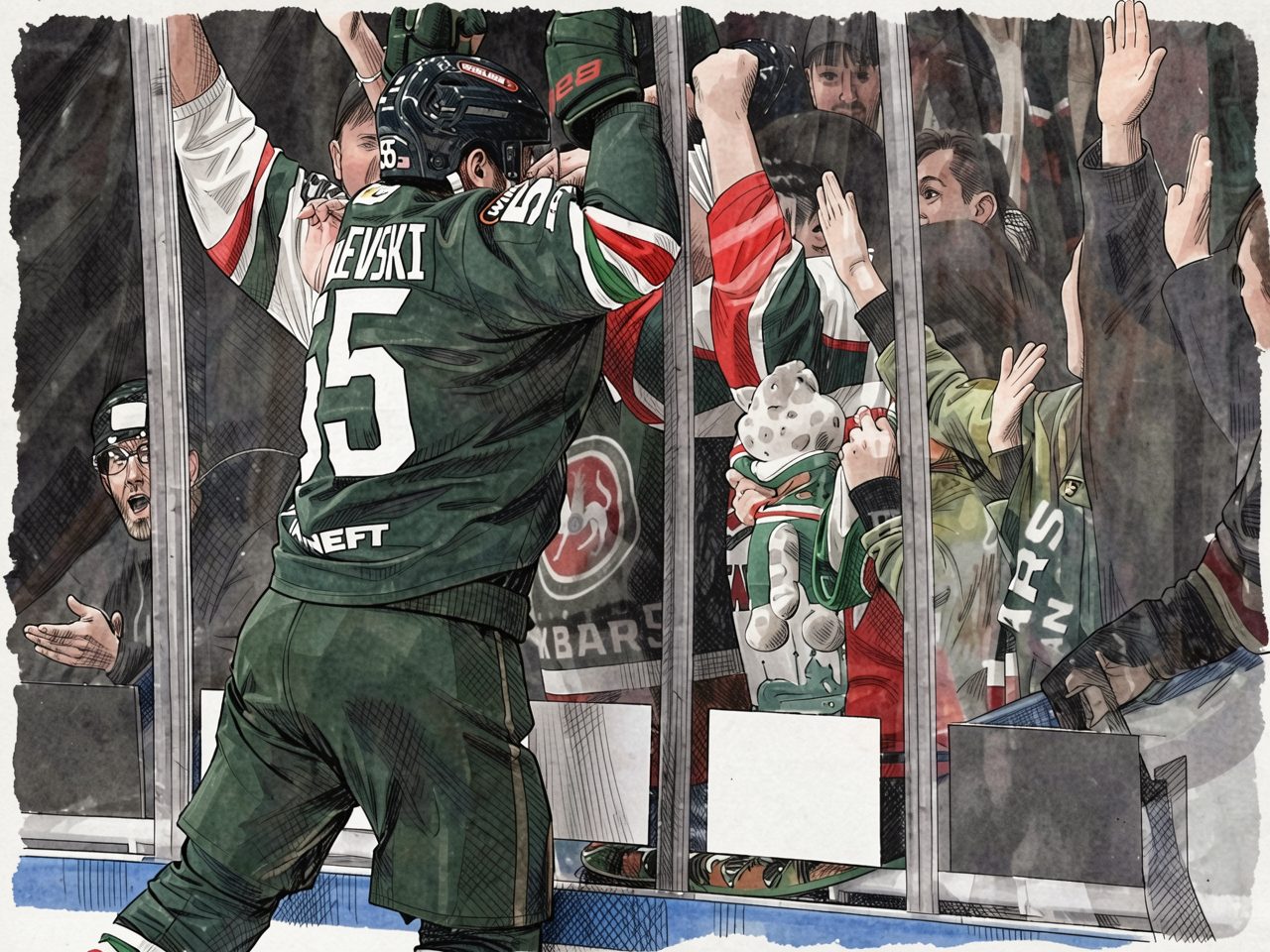 Ak Bars forward Khmelevski in green jersey number 15 celebrates with fans behind the glass boards.