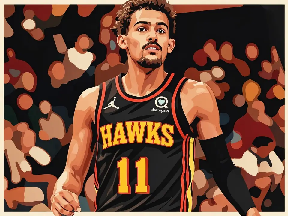 Trae Young in black Hawks jersey number 11 against abstract background