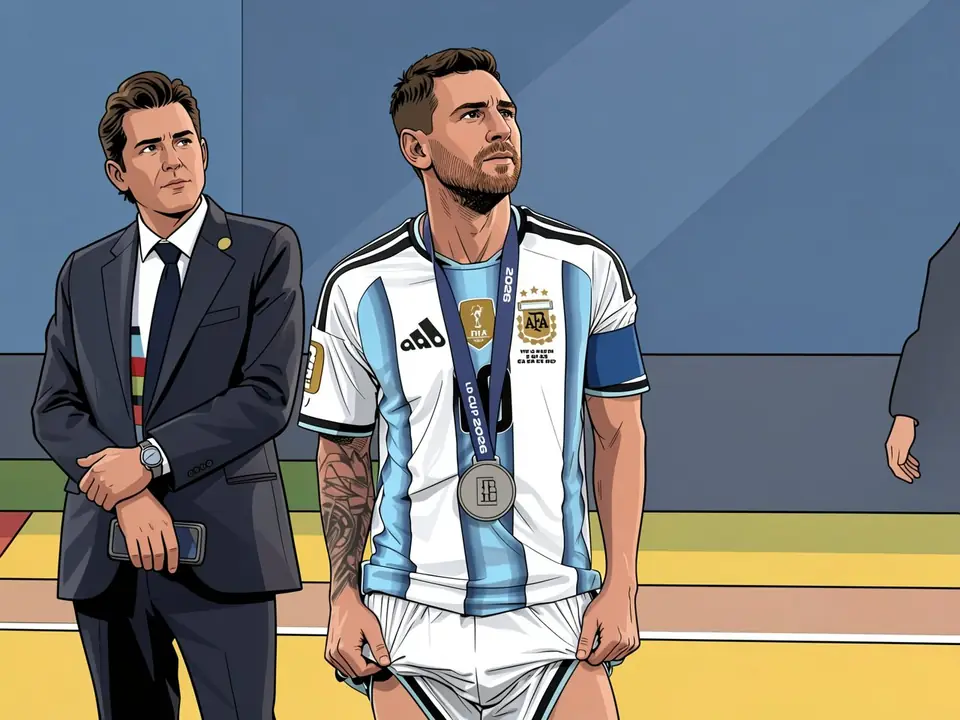 Messi in Argentinien-Trikot mit Medaille, Mann im Anzug steht daneben
