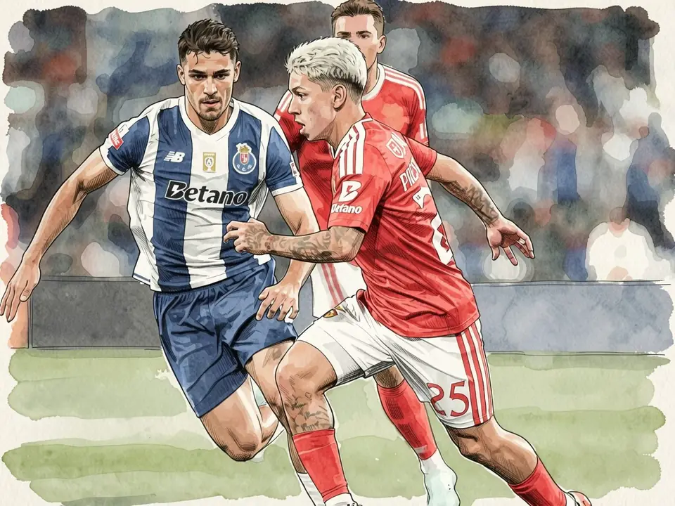 FC Porto player in blue-white kit battles Benfica's Pichu Araujo (red) during a Portuguese derby match