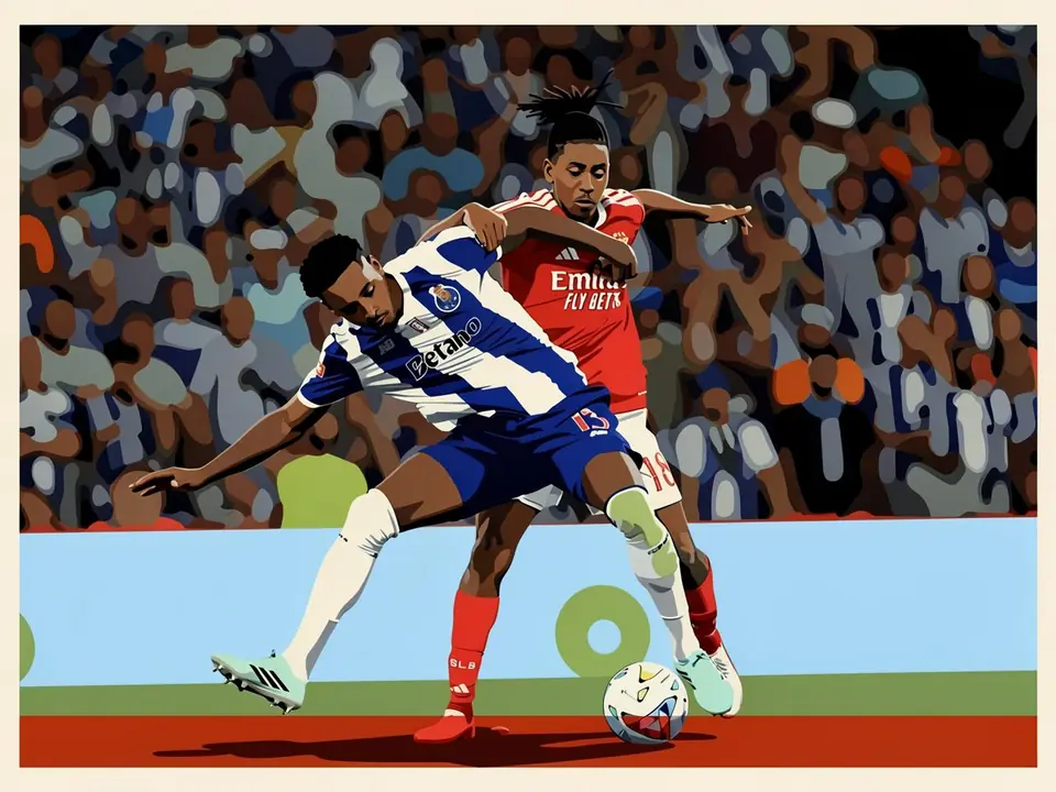 A Porto player in blue and white challenges a Benfica opponent for the ball at the Dragão stadium
