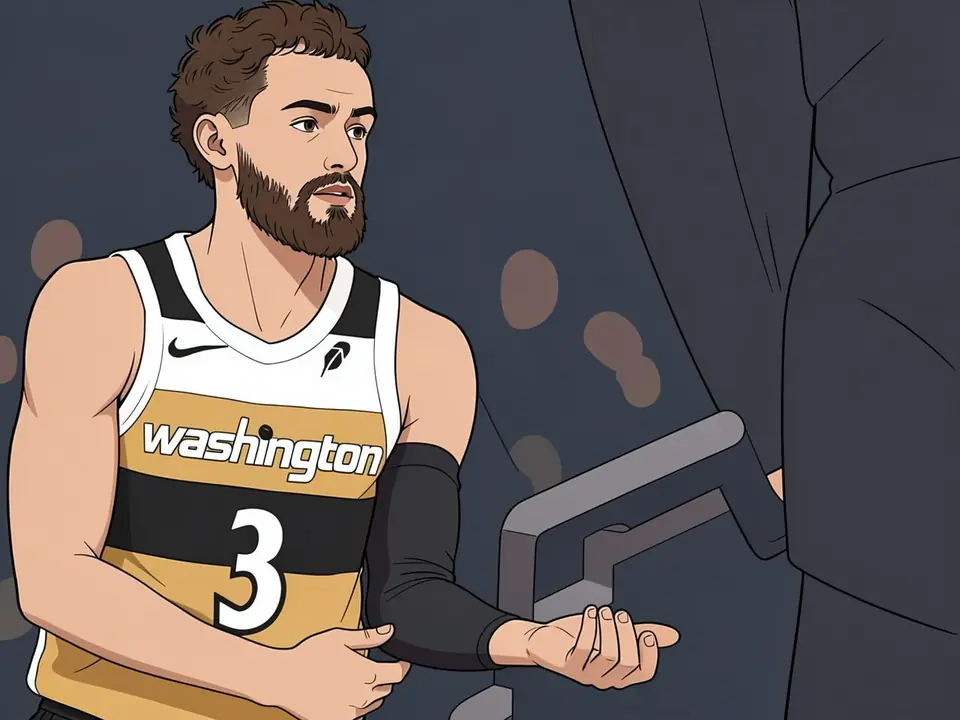 Trae Young in Washington-Trikot Nummer 3 im Gespräch mit Trainer